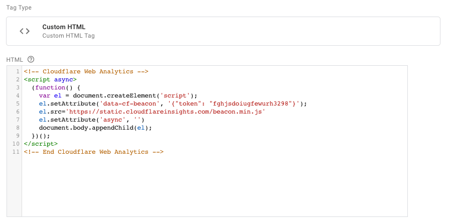 Dynamical javascript to insert Cloudflare Web Analytics with Google Tag Manager